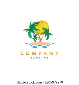 Colorful sun and palm trees on the island, tour, and travel logo template.