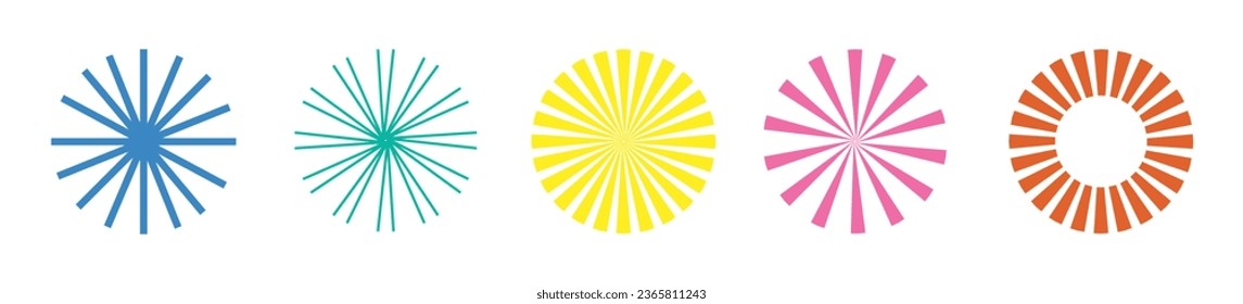 Colorful sun rays collection. Vector shapes design. Round ornament from stripes. Sunburst element radial stripes or sunburst graphic background eps10.