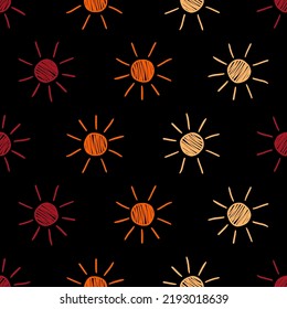 Colorful sun seamless pattern with black background.