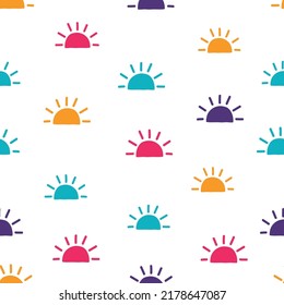 Colorful sun seamless pattern with white background.