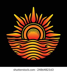 Colorful Sun and sea-stylized waves vector