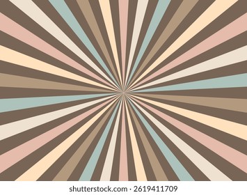 Colorful sunburst background in candy tones with chocolate cream beams. Vibrant, swirling lines perfect for banners, posters, flyers, or sweet-themed designs. Fun vector whirlpool effect.