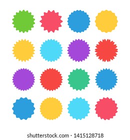 Colorful sunburst stickers, starburst badges set. Red labels, blue stickers, green color, purple and yellow price tags. Vector illustration isolated on white background