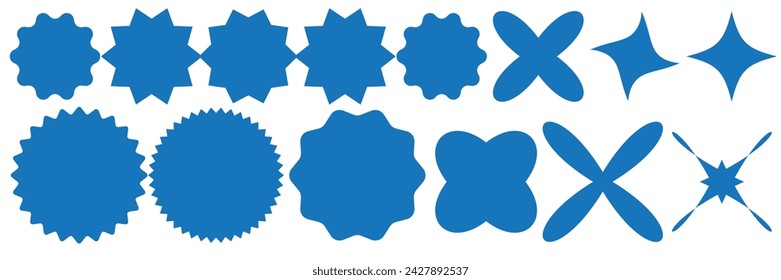  Colorful sunburst stickers, starburst badges set. Red labels, blue stickers, green color, purple and yellow price tags. Vector illustration isolated on white background