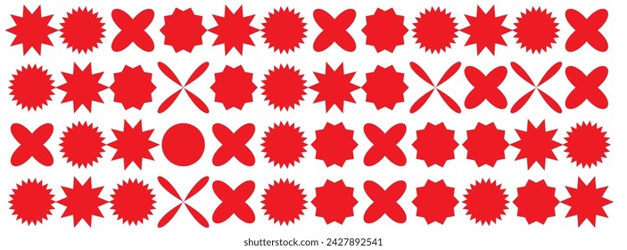  Colorful sunburst stickers, starburst badges set. Red labels, blue stickers, green color, purple and yellow price tags. Vector illustration isolated on white background