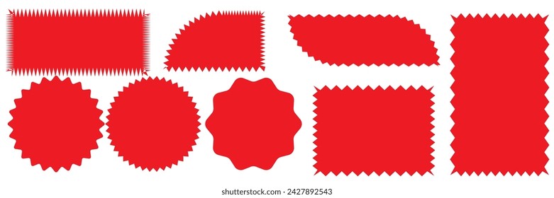  Colorful sunburst stickers, starburst badges set. Red labels, blue stickers, green color, purple and yellow price tags. Vector illustration isolated on white background
