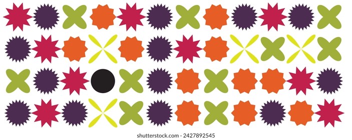  Colorful sunburst stickers, starburst badges set. Red labels, blue stickers, green color, purple and yellow price tags. Vector illustration isolated on white background