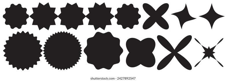  Colorful sunburst stickers, starburst badges set. Red labels, blue stickers, green color, purple and yellow price tags. Vector illustration isolated on white background