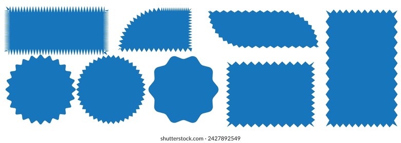  Colorful sunburst stickers, starburst badges set. Red labels, blue stickers, green color, purple and yellow price tags. Vector illustration isolated on white background