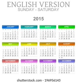Colorful Sunday to Saturday 2015 Calendar English Language Version Illustration