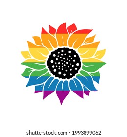 Colorful sunflower  in the colors of pride rainbow  flag  isolated on white background. Vector flat illustration. Design for banner, poster, greeting card, flyer