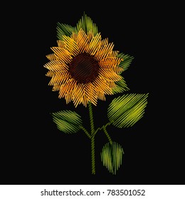 colorful sunflower plant embroidery in black background