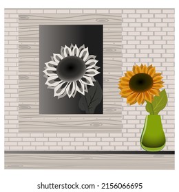 Colorful sunflower in vase and monochrome flower picture. Light brick wall background. Vector illustration.
