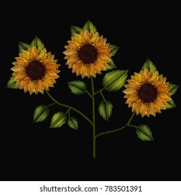 colorful sunflowers plant set embroidery in black background
