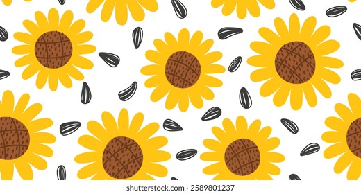 Colorful sunflowers seamless pattern in childish style. Hand drawn sunflower seeds doodle pattern. Design for fabric, textile, covers, gift wrap, wallpaper.