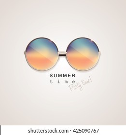 Colorful sunglasses with abstract gradient glass mirrors isolated on light background with summer time, party time lettering typography