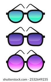Colorful sunglasses collection. Colorful set isolated icon on white background. Flat cartoon style vector illustration.