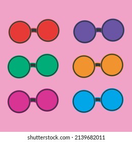 Coloridas lentes de sol Juego de Ilustración. Aislado En Fondo Rosa. Juego de iconos de caricatura de gafas de sol
