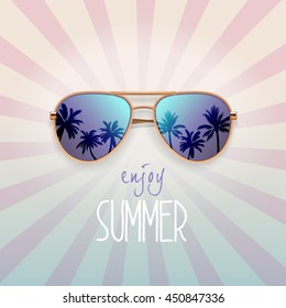 Colorful sunglasses with palms reflection. Summer banner, poster, fresh, modern, advertisement