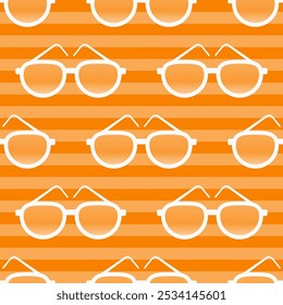 Colorful sunglasses seamless pattern on striped background. Flat cartoon style vector illustration.