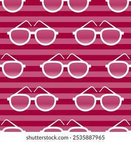 Colorful sunglasses seamless pattern on striped background. Flat cartoon style vector illustration.