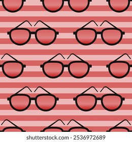 Colorful sunglasses seamless pattern on striped background. Flat cartoon style vector illustration.