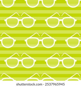 Colorful sunglasses seamless pattern on striped background. Flat cartoon style vector illustration.