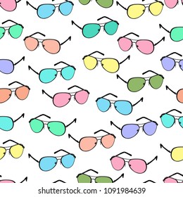 Colorful sunglasses seamless pattern, vector accessory background. Cartoon drawing multicolored bright spectacles on white background, vintage retro illustration. For fabric design, wallpapers, print