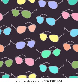 Colorful sunglasses seamless pattern, vector accessory background. Cartoon drawing multicolored bright spectacles on dark purple background, vintage retro illustration. For fabric design, wallpapers
