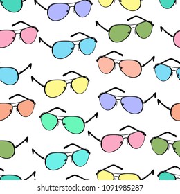 Colorful sunglasses seamless pattern, vector accessory background. Cartoon drawing multicolored bright spectacles on white background, vintage retro illustration. For fabric design, wallpapers, print