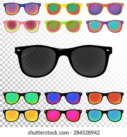 Colorful Sunglasses set. Hipster sunglasses, six with psychedelic colors and six uniform. Vector illustration