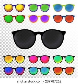 Colorful Sunglasses set. Hipster sunglasses, six with psychedelic colors and six uniform. Vector illustration