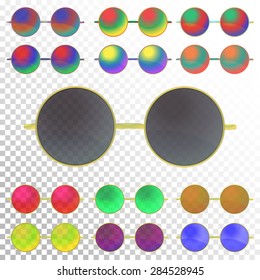 Colorful Sunglasses set. Round sunglasses with metal frame, six with psychedelic colors and six uniform. Vector illustration
