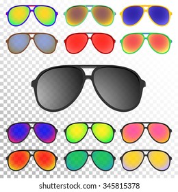 Colorful Sunglasses set. Round, modern frame, six with colorful frame and six black. Vector illustration