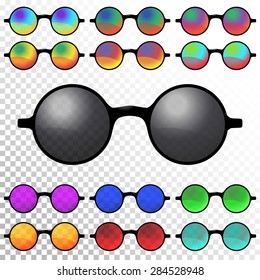 Colorful Sunglasses set. Round sunglasses, six with psychedelic colors and six uniform. Vector illustration