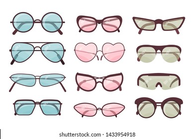 Colorful sunglasses vector set. Spectacles plastic frame collection. Summer sun protection.