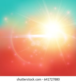 Colorful sunny background with light particles and optic lens effects.