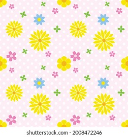Colorful sunny flower seamless pattern with white poca dot pink background