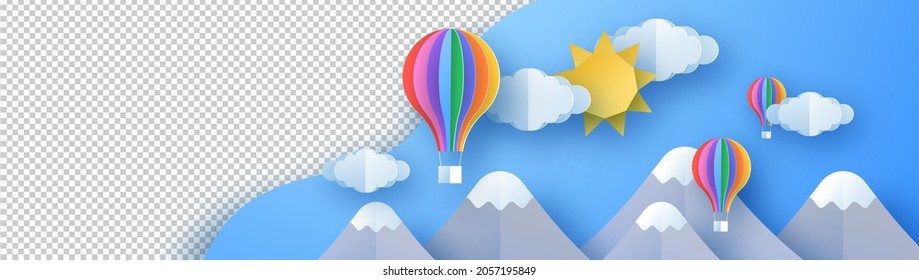 Colorful sunny sky empty template. Horizontal header in 3d paper cut art style. Creative imagination or children presentation backdrop. Papercut design with transparent background.
