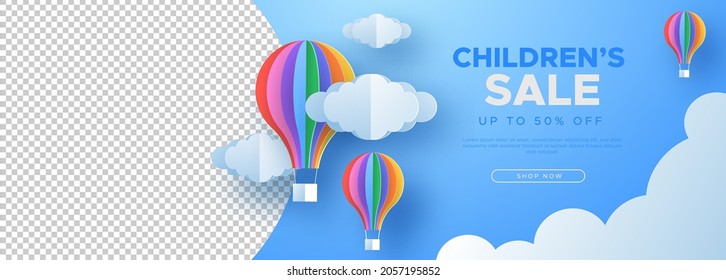 Colorful sunny sky sale template. Online business landing page in 3d paper cut art style. Creative imagination or children presentation backdrop. Papercut design with transparent background.