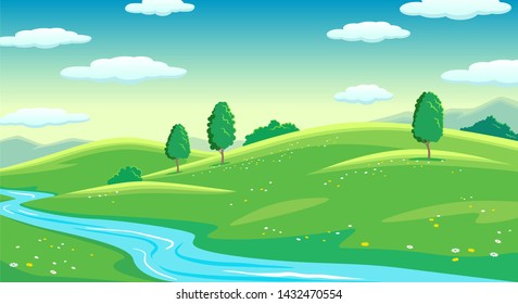 Colorful sunny summer bright fields with river and trees, hills landscape, green grass, morning cloudy sinrise sky, flat style vector illustration