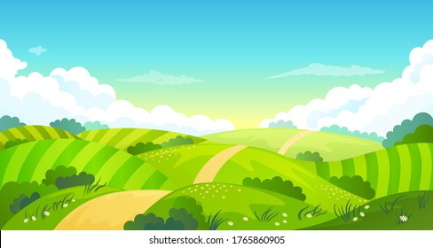 Colorful sunny summer bright fields, hills landscape, green grass, clear blue sky with clouds and sun, flat style vector illustration