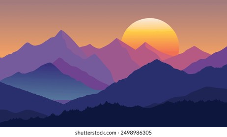 Colorful sunrise in the foggy summer mountains. Triglav national park, Slovenia, Julian Alps, Europe. flat vector illustration