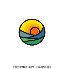colorful sunrise and forest simple minimalist logo design vector flat illustration