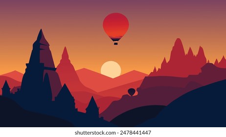 Colorful sunrise in Red Rose valley in April. Cavusin village located, Nevsehir Province in the Cappadocia region of Turkey, Asia. flat vector illustratio