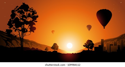 Colorful sunset. Balloons in the sky. File Illustrator (10)