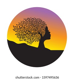 colorful sunset in behind of tree with female face, vector