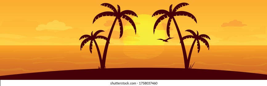 Colorful sunset landscape on a desert island, sun sea sand, flying bird palm. Vector