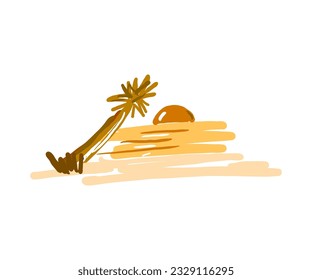 Colorful sunset on the beach. Beautiful sea beach with spontaneous hand drawn illustration of coconut trees