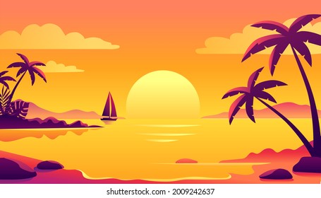 Colorful sunset on the tropical island. Beautiful ocean beach with palms and yacht illustration